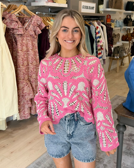 Crochet Knit Sweater - Pink