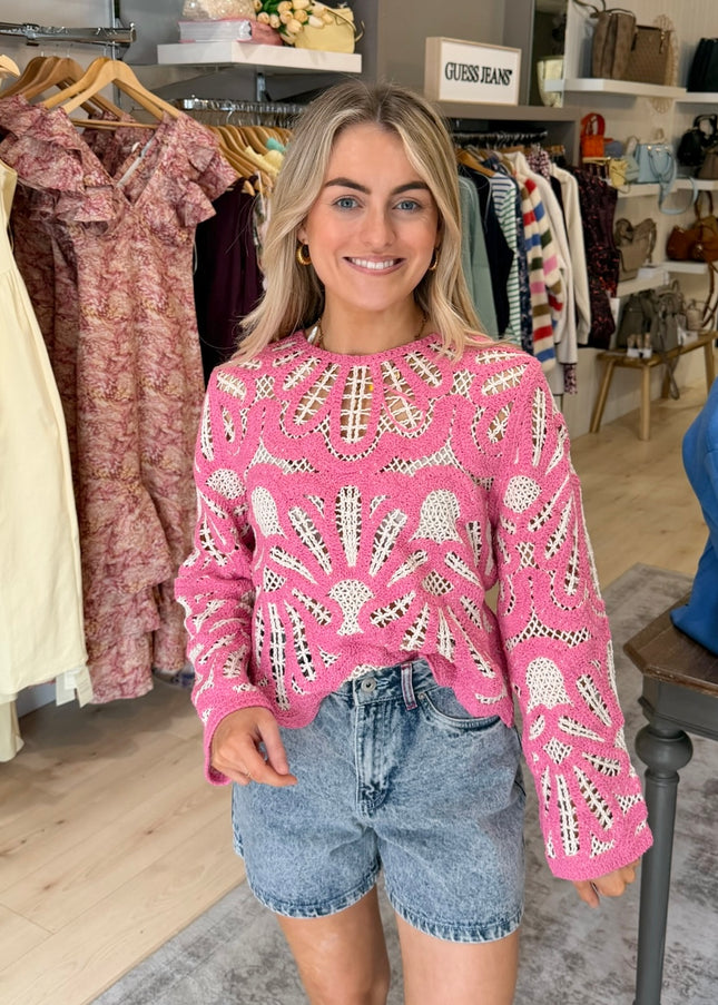 Crochet Knit Sweater - Pink