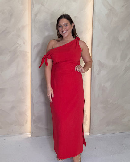 Linen Drape Midi Dress - Red