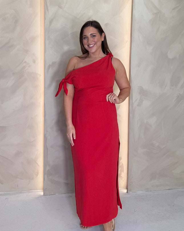 Linen Drape Midi Dress - Red
