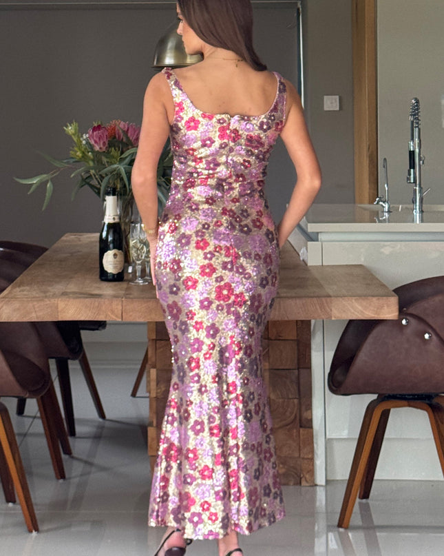 Lisbon Square Neck Midi Dress - Pink & Gold Sequin