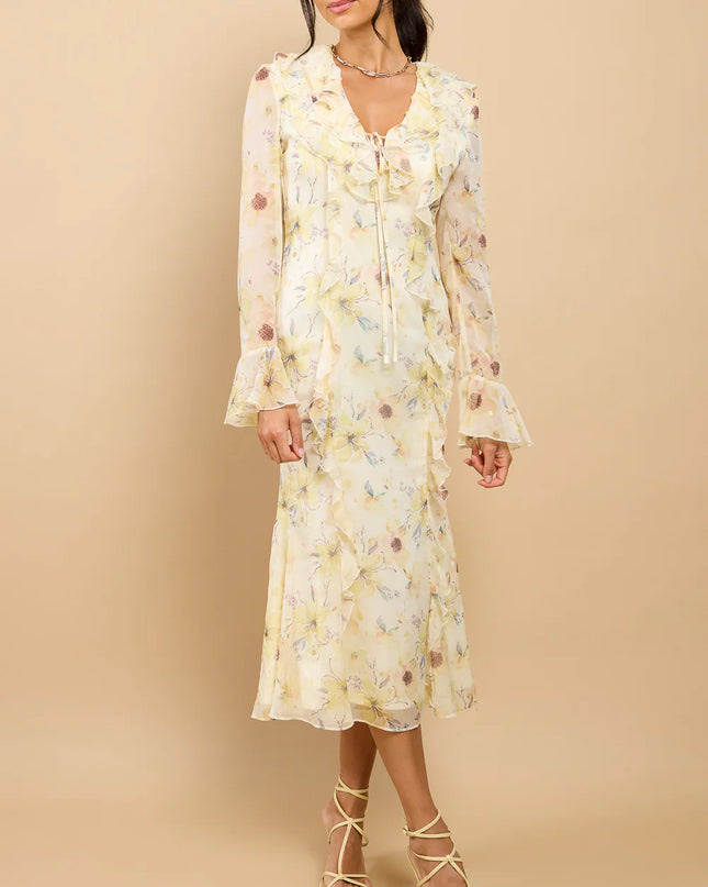 Elyse Floral Frill Midaxi Dress - Yellow