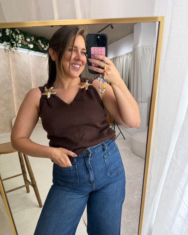Starfish Brooch Knit Top - Coffee