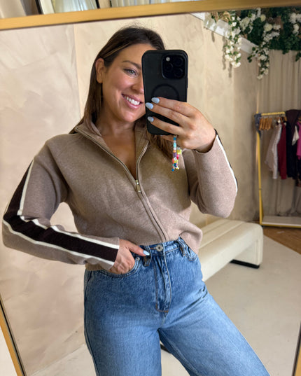 Ribbed Full Zip Knit - Beige/Brown