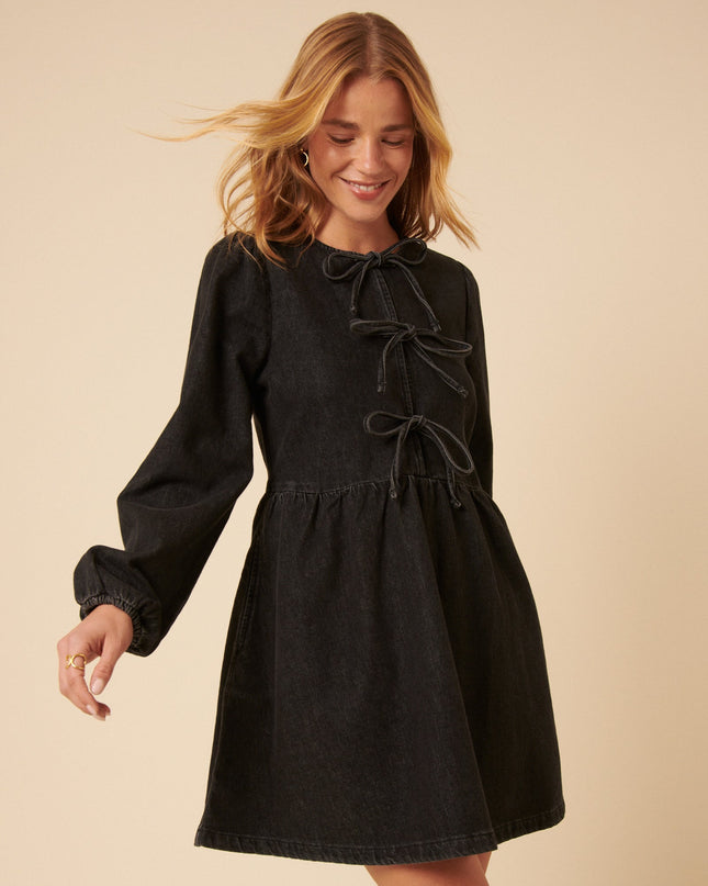 Tie Front Eden Mini Dress Petite - Black Denim
