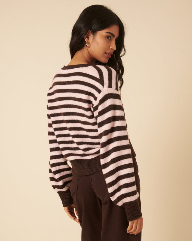 Striped Tie Neck Cardigan - Brown And Pink