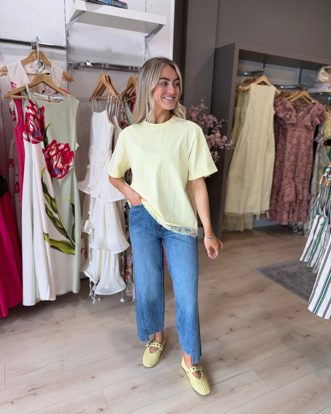 Asymmetric Lace Hem T-Shirt - Yellow