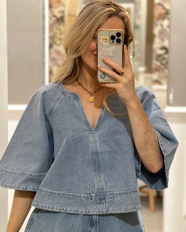 Citrine Textured Denim Blouse - Blue