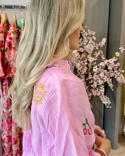 Orla Embroidered Icons Linen Shirt - Pink