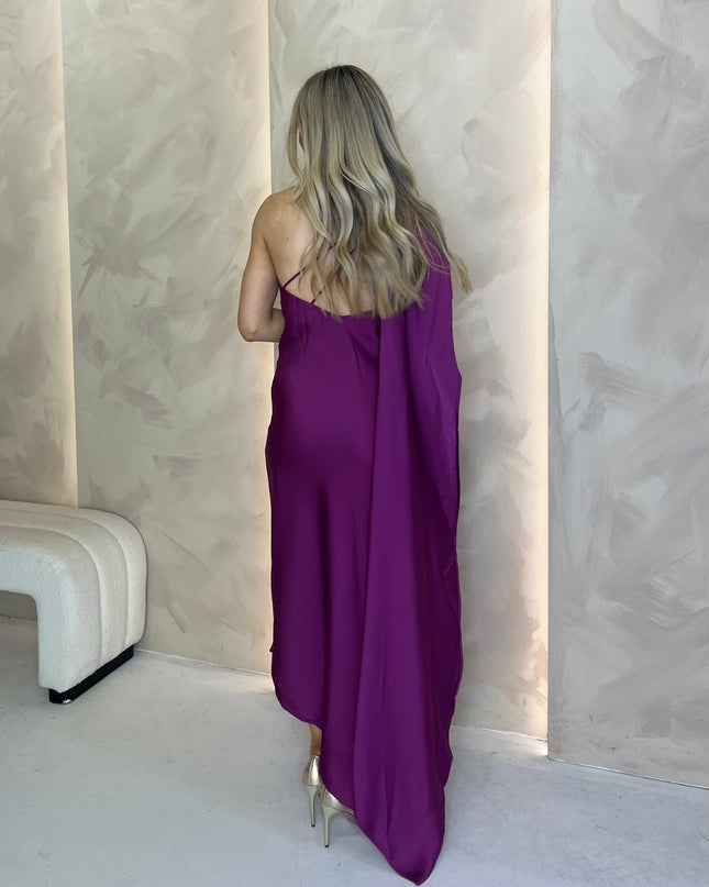 Asymmetric Midi Dress with Drape - Plum