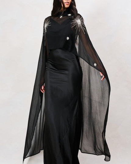 Annaka Maxi Dress with Detachable Embellished Cape - Black