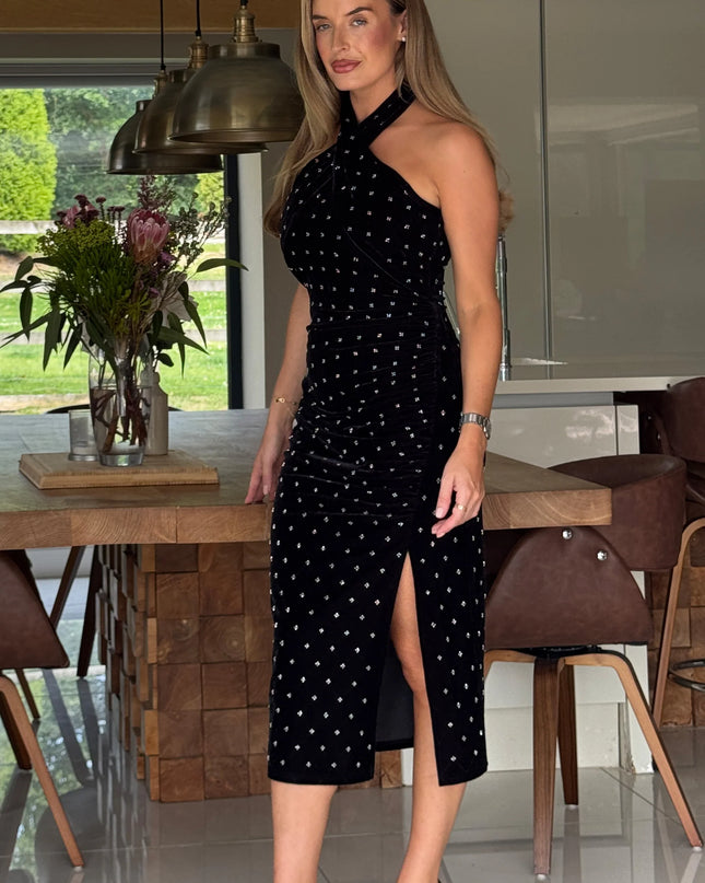 Bessie Halter Neck Side Split Midi Dress Beaded Velvet - Black