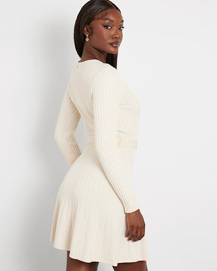 Guess Paige Pleated Mini Sweater Dress - Cream