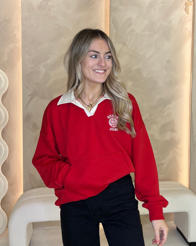 Guess Jeans Varsity Collared Sweatshirt - Red