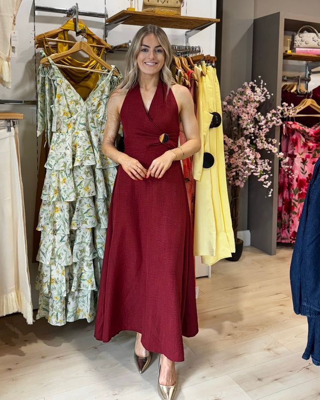 Halter Dress with Brooch Detail - Burgundy