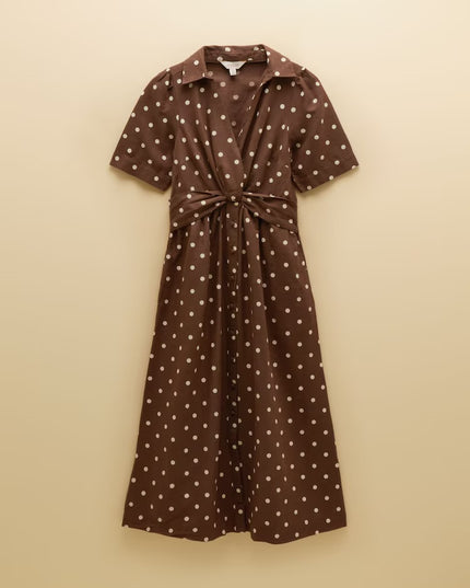 Marina Midi Linen Blend Dress - Brown Polka Dot