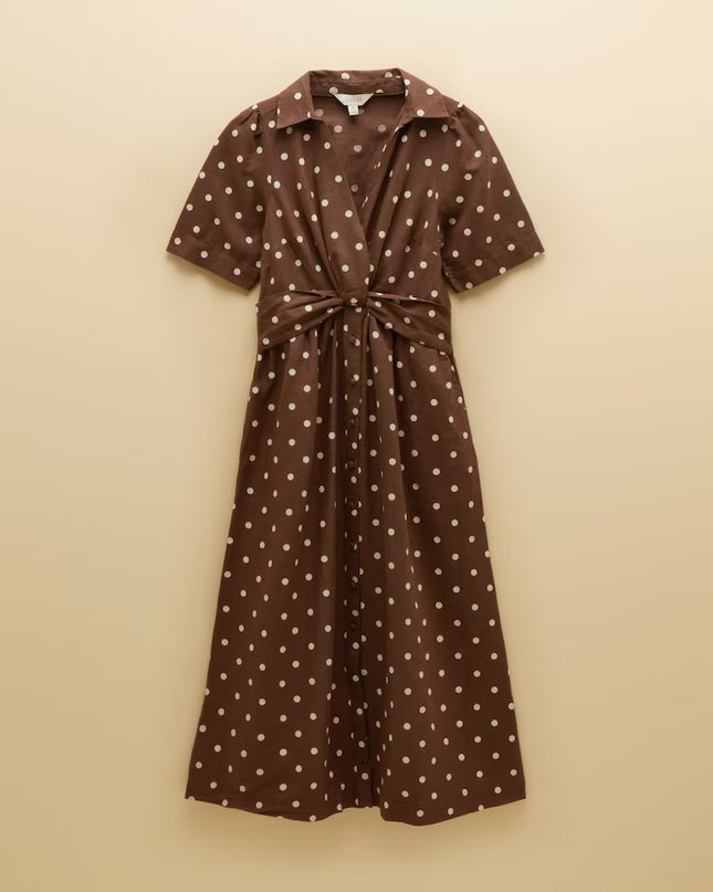Marina Midi Linen Blend Dress - Brown Polka Dot