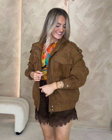 High Collar Suede Bomber Jacket - Camel
