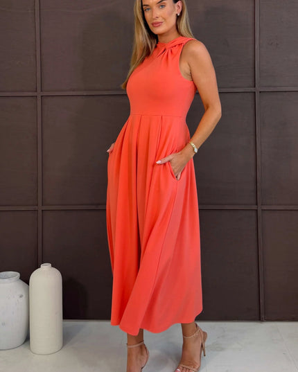 Anastasia Knot Detail Midi Dress - Coral