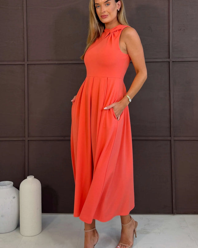 Anastasia Knot Detail Midi Dress - Coral