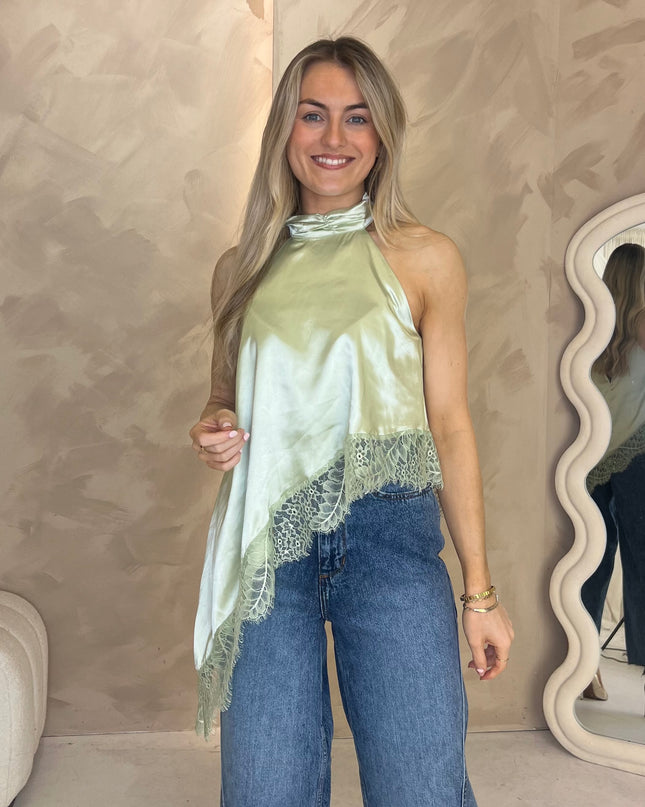 Satin Lace Halter Top - Sage