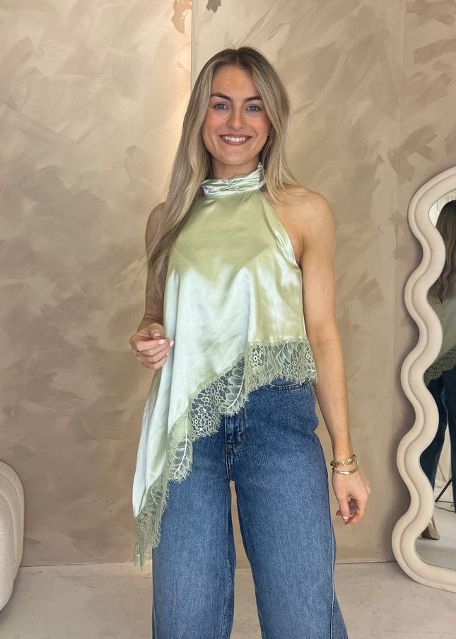 Satin Lace Halter Top - Sage