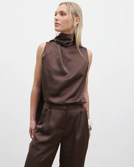 Breya Scarf Satin Top - Brown