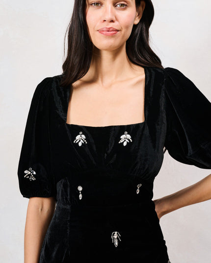 Bettina Embellished Velvet Midi Dress - Black