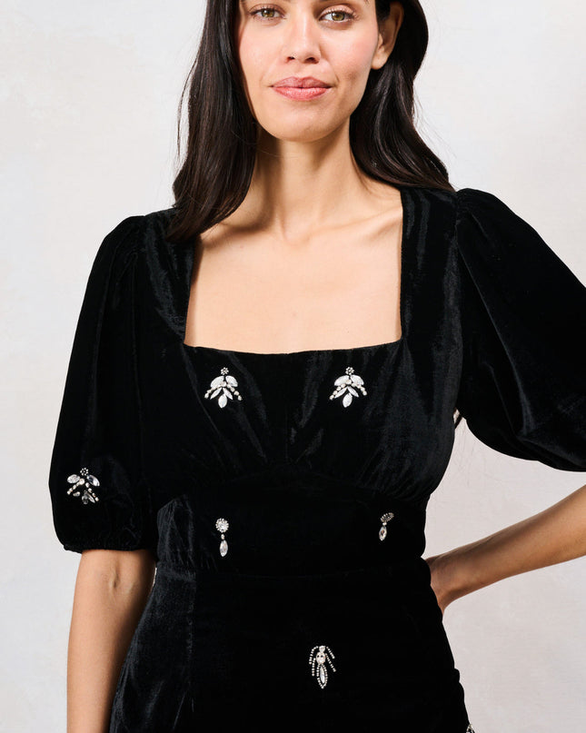 Bettina Embellished Velvet Midi Dress - Black