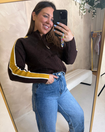 Ribbed Full Zip Knit - Brown/Mustard