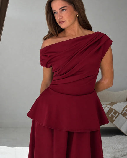 Connie Peplum Midi Dress - Burgundy