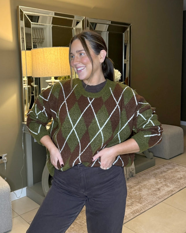 Argyle Knit Sweater - Green/Brown