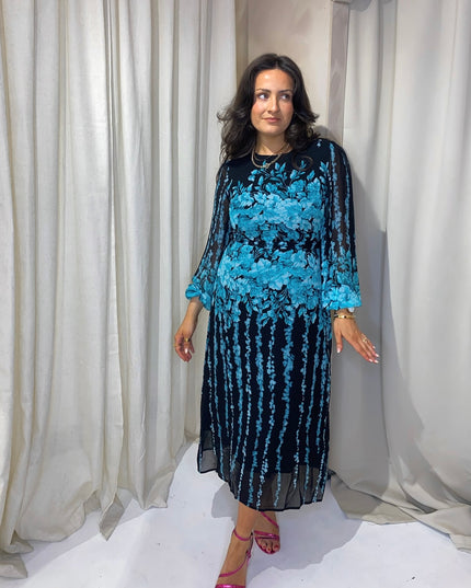 Harlow Floral Belted Long Sleeve Midi Dress- Blue