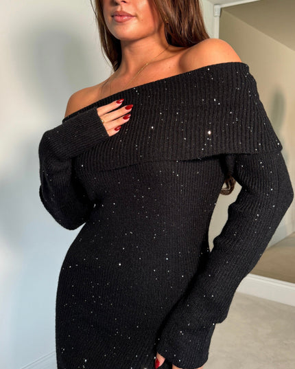 Brea Knitted Sequin Bardot Midi Dress - Black