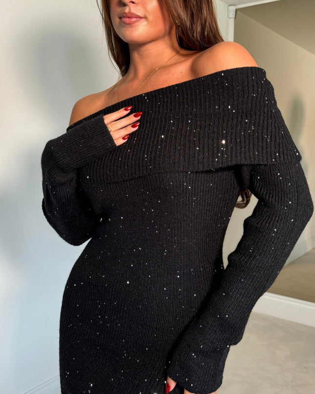 Brea Knitted Sequin Bardot Midi Dress - Black