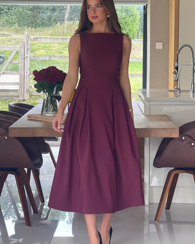 Nesta Boat Neck Skater Midi Dress- Berry