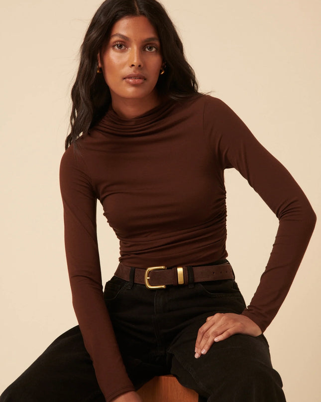 Ruched Long Sleeve Top - Brown