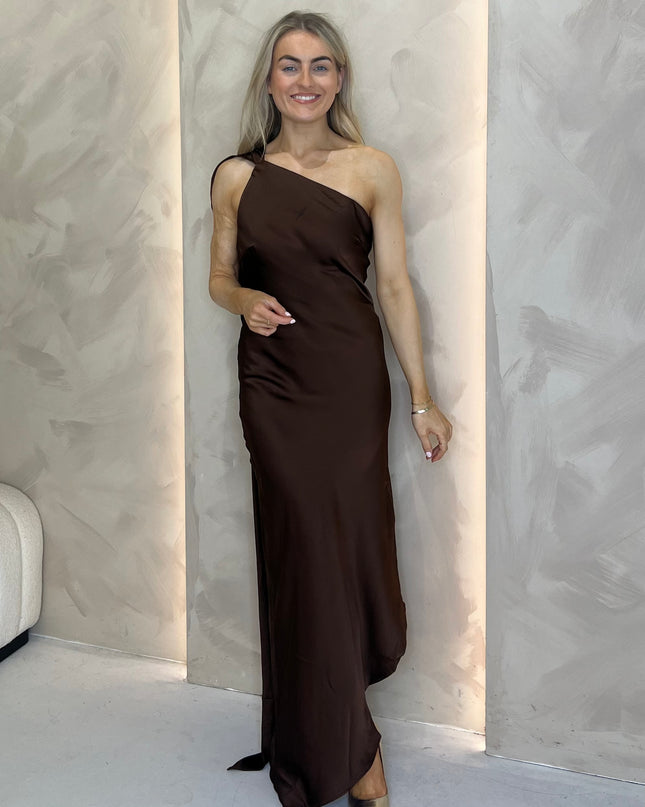 Asymmetric Midi Dress with Drape - Brown