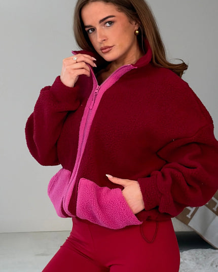 Mimi Contrast Pocket Full Zip Fleece - Wine
