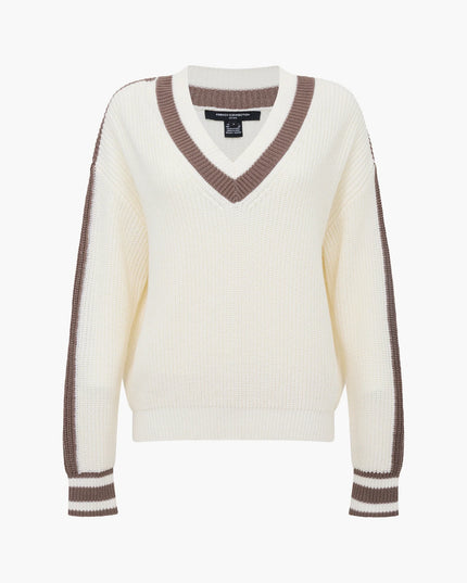 French Connection Varli Varsity V-Neck Jumper - Summer White/Taupe