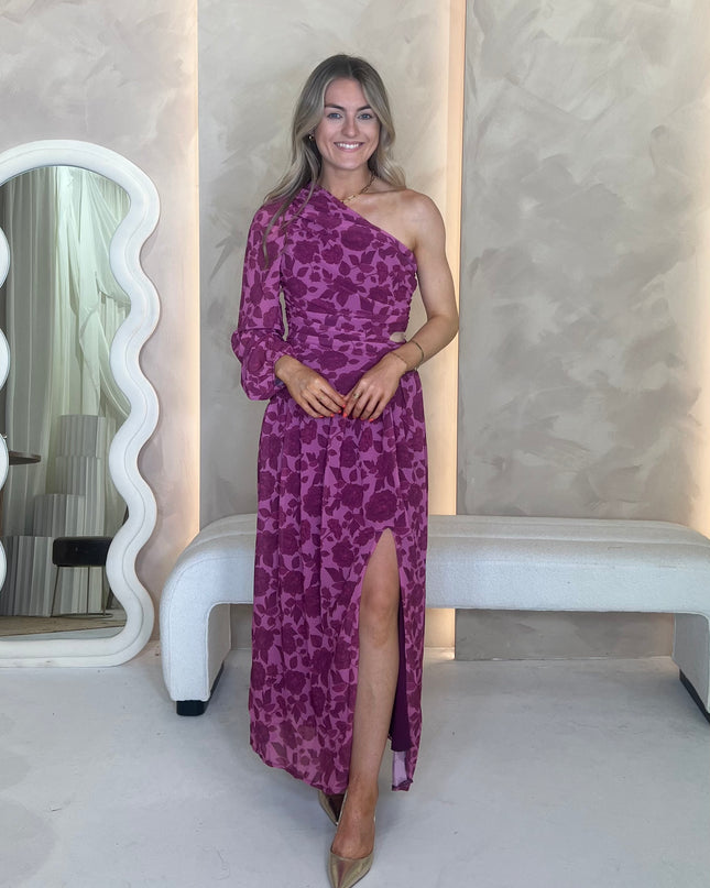 Asymmetric Midaxi Dress - Purple Floral