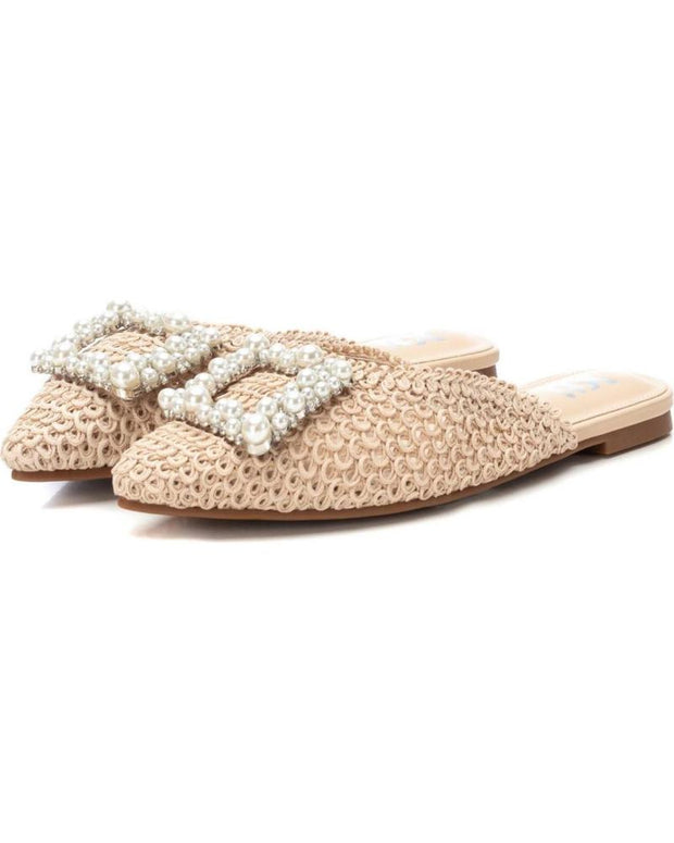 Textile Embellished Flat Shoes - Beige