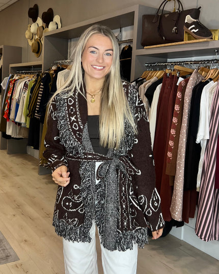 Longline Tie-Waist Fringed Cardigan - Brown