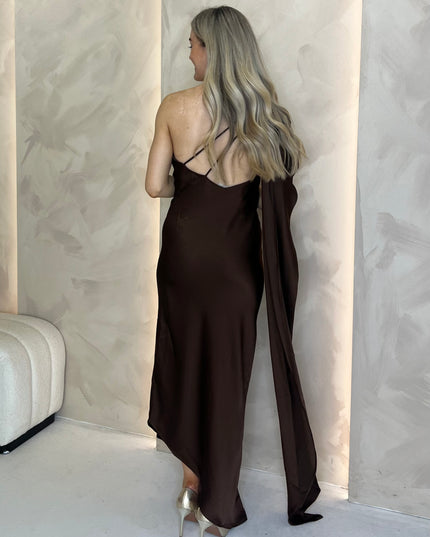 Asymmetric Midi Dress with Drape - Brown