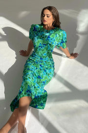 Cleo Print Ruched Detail Midi Dress - Green