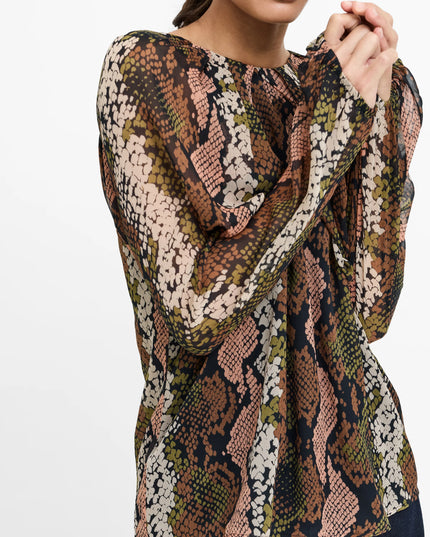 French Connection Emina Chiffon Pleated Blouson Sleeve - Multi Snake Print
