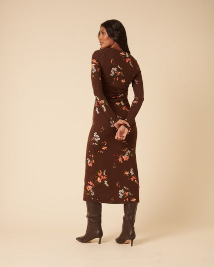 Laurella Jersey Draped Midi Dress - Brown Floral