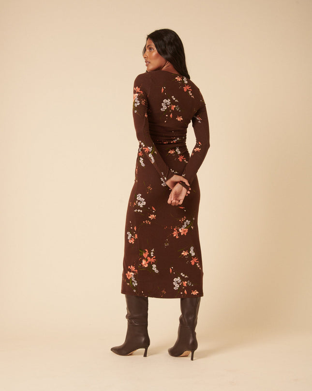 Laurella Jersey Draped Midi Dress - Brown Floral