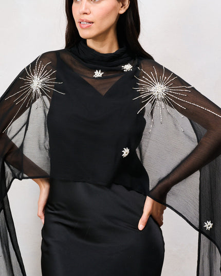 Annaka Maxi Dress with Detachable Embellished Cape - Black