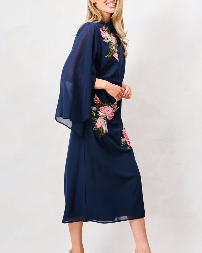 Ludmila Embroidered Caped Dress - Navy